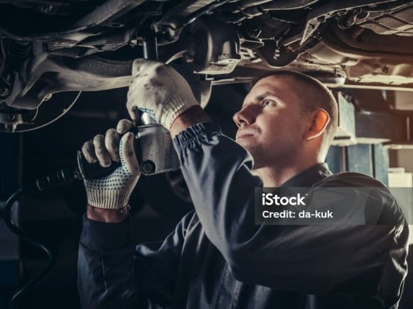 Professional mechanic repairing a car in auto repair shop